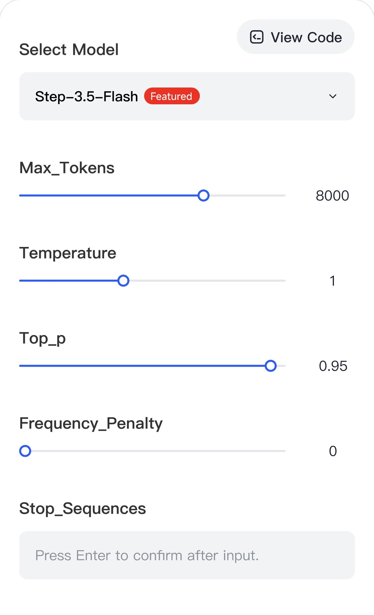 Model parameter settings panel